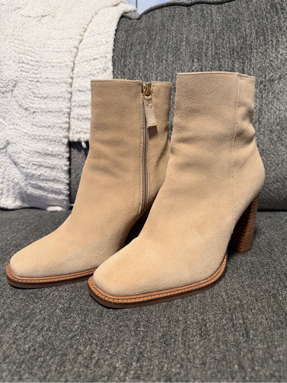 Neutral Suede Ankle Booties with Side Zip
